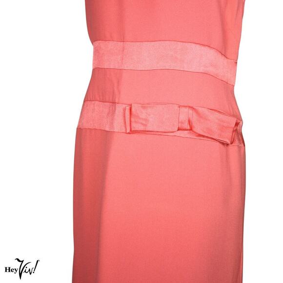 Vintage Pink Cocktail Dress w Satin Band Trim and Bow Metal Zip Size L - Hey Viv - Picture 6 of 7